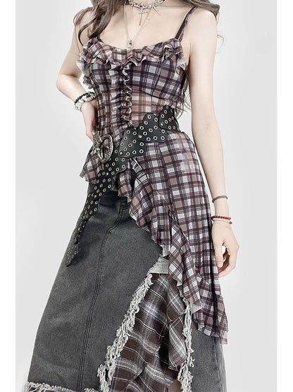 Hem Pattern Cami Glamorous Bittersweet Brown Plaid Asymmetrical