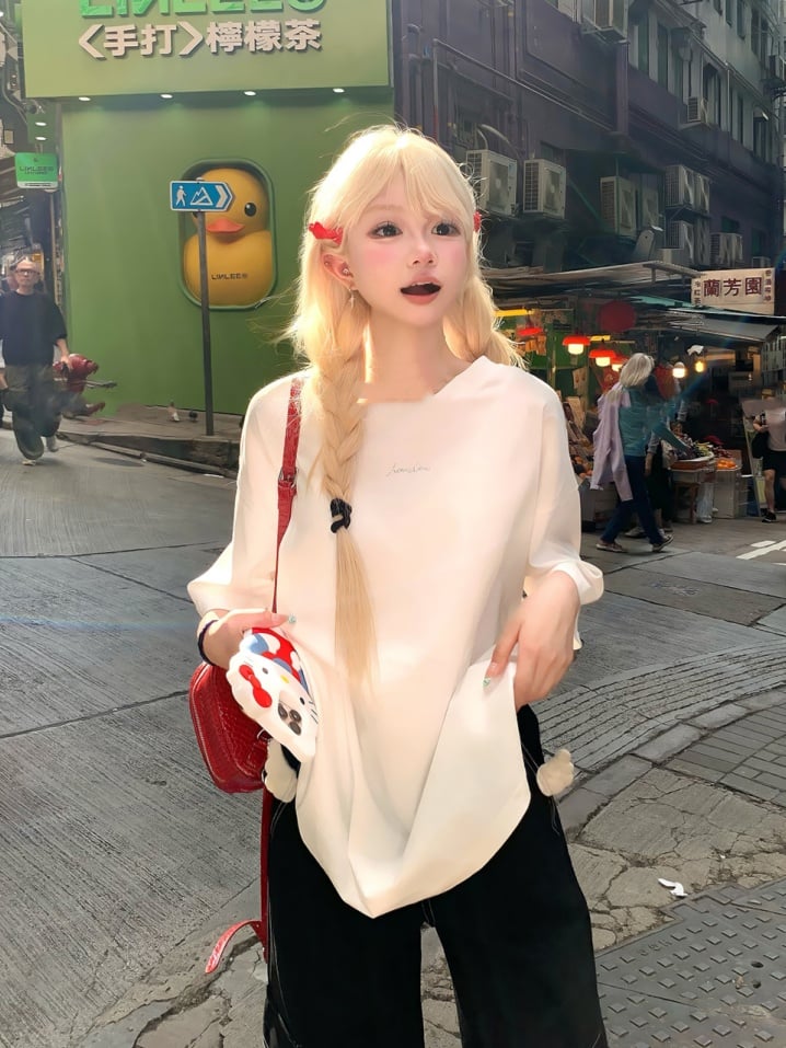 Back Lace-up T-shirt Neck White Version Round Long/Short