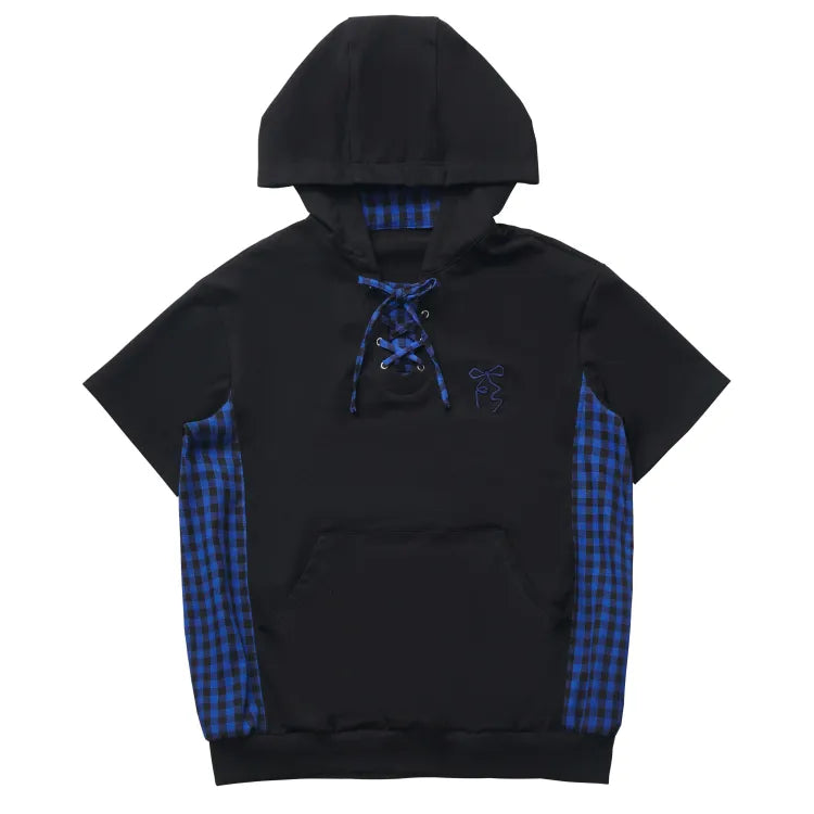 Blue Sleeves Black Short Plaid Hoodie Pattern and Dark