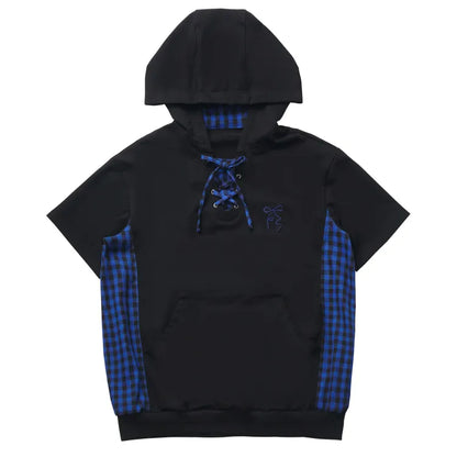 Blue Sleeves Black Short Plaid Hoodie Pattern and Dark