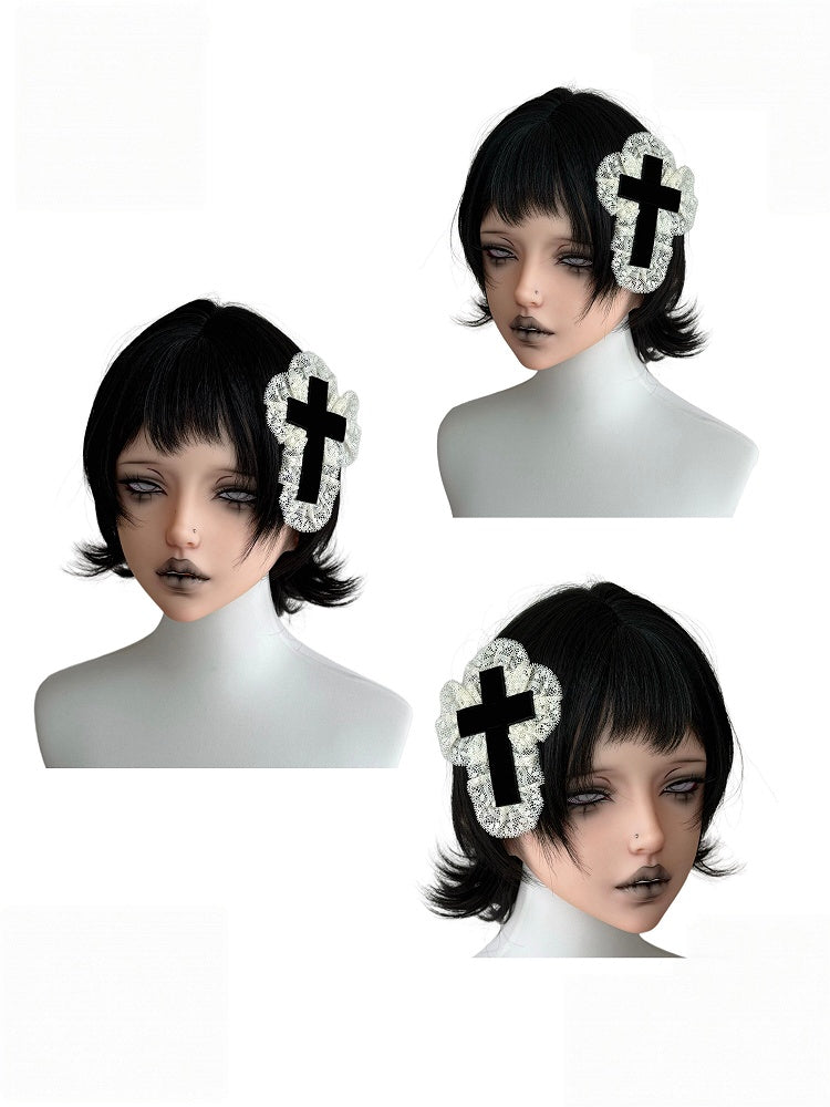 Gothic Cross & Lace Hairclip in Black and White Tones - Damn Girl