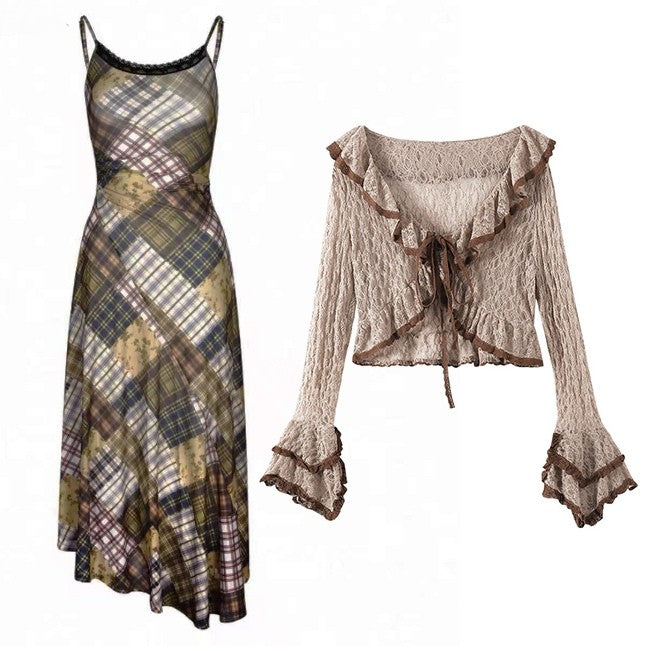 Kawaii Fashion Lace Cami Cardigan Braun kariert Bittersüß mit Millard Kleid Muster