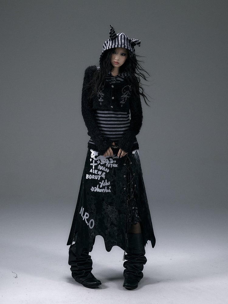 Fake Zweiteiler Schwarz-Grau gestreiftes Top mit Dobermannohr