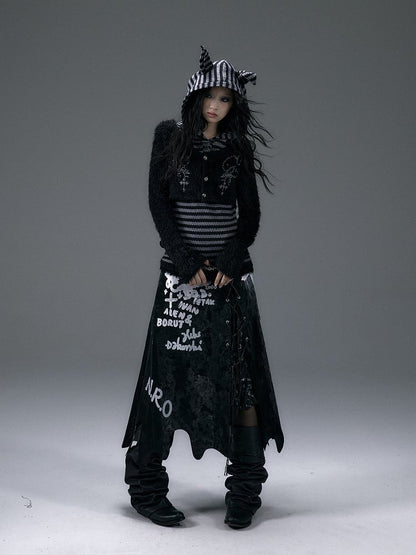 Fake Zweiteiler Schwarz-Grau gestreiftes Top mit Dobermannohr