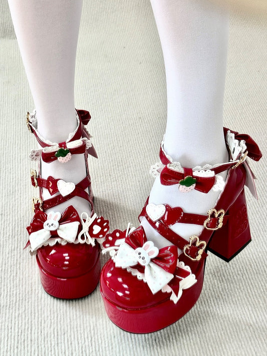 Red Sweet Lolita Platform Paw-shaped High Round Heels Toe with Bunny Block Accents Theme