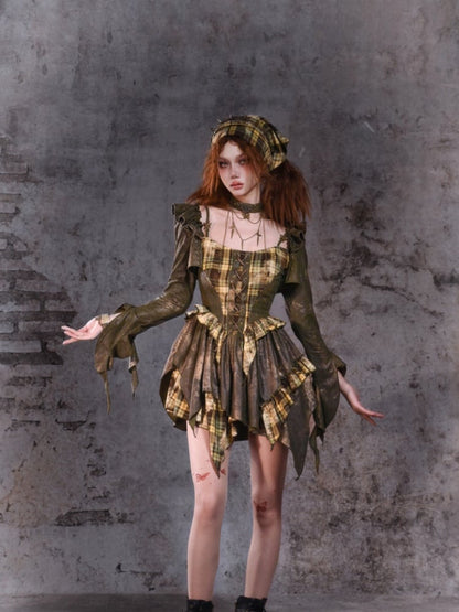 Green Plaid Handkerchief Hem Cami Dress with Lace-up Detail at Front