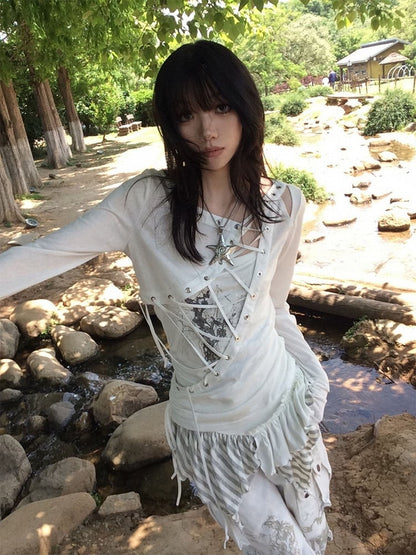 White Halter Top with Printed Pattern & Asymmetrical Hem - Blazed Field