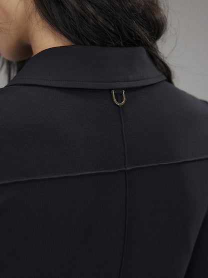 Button Knit Cuffs Black - Shirt Sleeve Long Slim-fitting