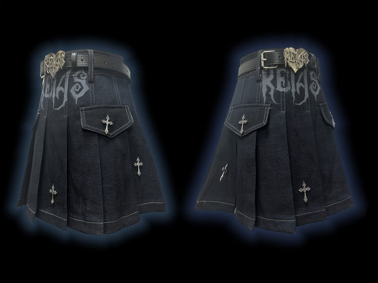 Y2K Dunkelblaue Buchstaben Kreuz Charms Punk Rock Denim Faltenrock