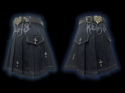 Y2K ダークブルー文字 クロスチャーム パンクロック デニム プリーツスカート
