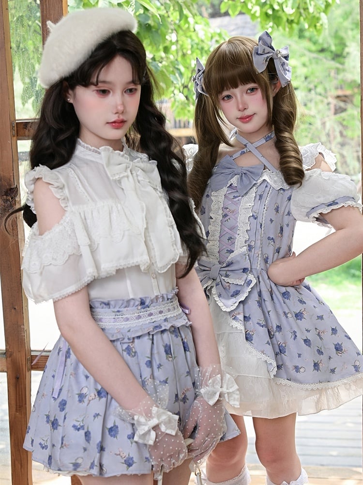 OP Neck Sweet Lolita Kleid Lila Hortensien Druck Offene Schulter Neckholder Licht