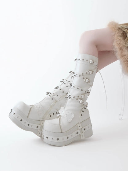 Platform Knee-Length Sole Accents Cross - White Punk with Boots