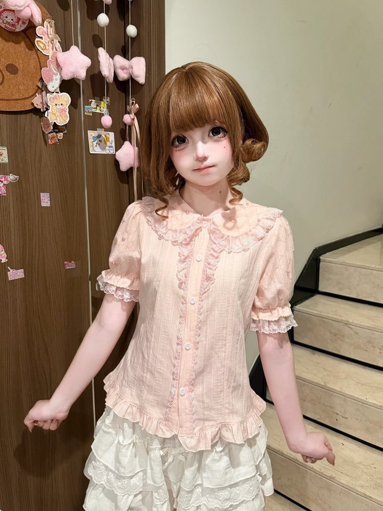 Pink Short Sleeve Lolita Cotton Blouse with Lace Bead Details - Jelly Girl