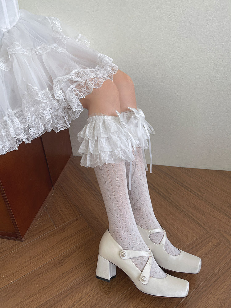 with Multi-Layered Socks Pattern Heart White/Black Bow Lolita Trim Lace Calf