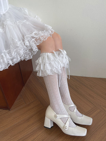 with Multi-Layered Socks Pattern Heart White/Black Bow Lolita Trim Lace Calf