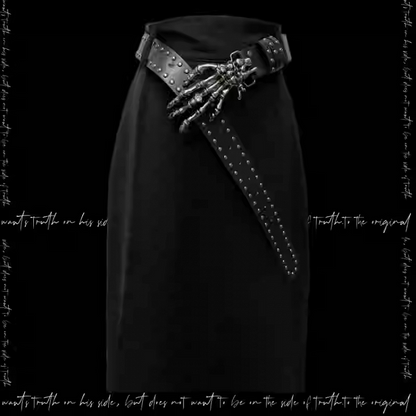Waist Gothic Black High Skirt Skeleton Print Back Slit Studded