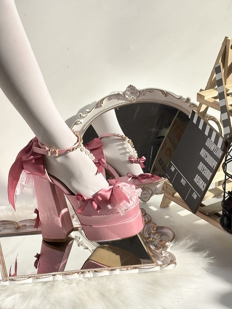 Pink Bows Rhinestone Ankle Strap Block Heel Lolita Shoes with Beaded Chains