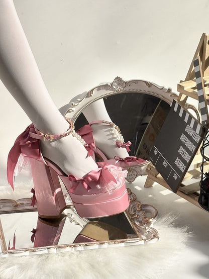 Pink Bows Rhinestone Ankle Strap Block Heel Lolita Shoes with Beaded Chains