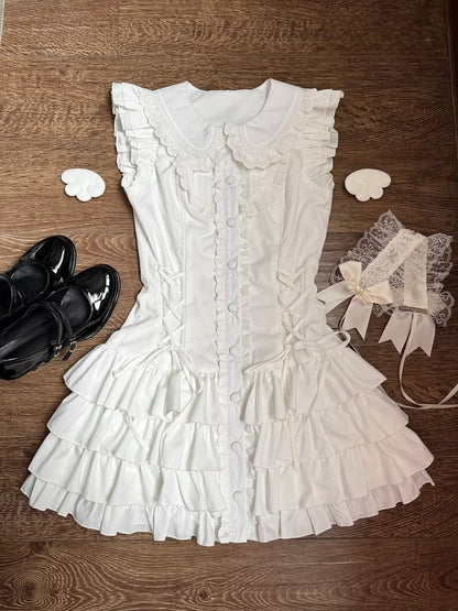 Sweet Kawaii White Peter Pan Collar Flutter Sleeves Tiered Dress - Jasmine White Original Design