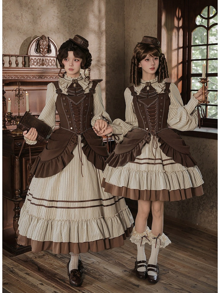 Brown Adjustable Lace-Up Lolita Corset with Ruffle 2-Way Overlay - With PUJI