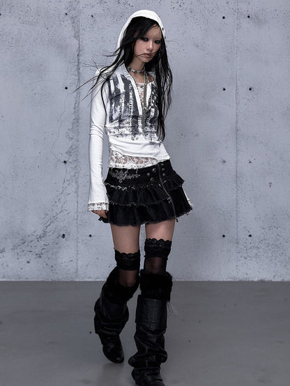 Off-white Two-piece V-Neck Print Hooded Lace Long Top Star Sleeve Slim-fitting Panel -