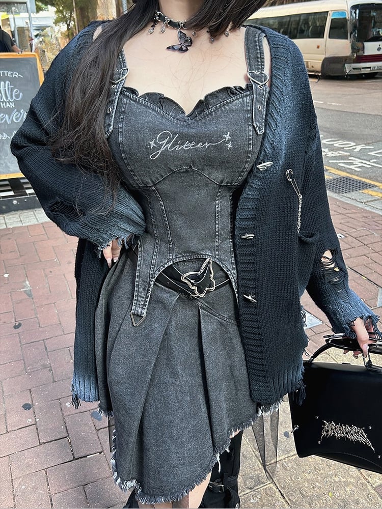 Plus Size Dark Grey Y2K Distressed Holes Loose Cardigan