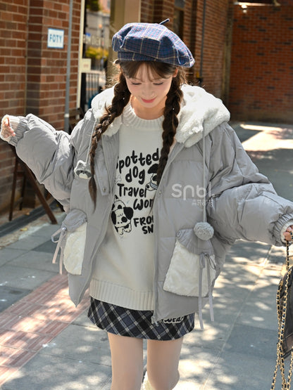 Cute Raccoon Plush Hood Grey Hooded Down Jacket