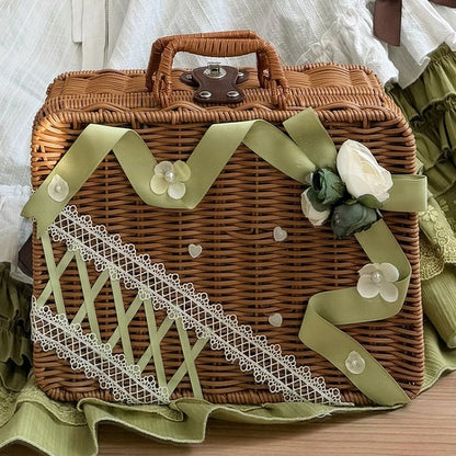 Ribbon Olive Case Green Flower Decorated and Rattan Picnic