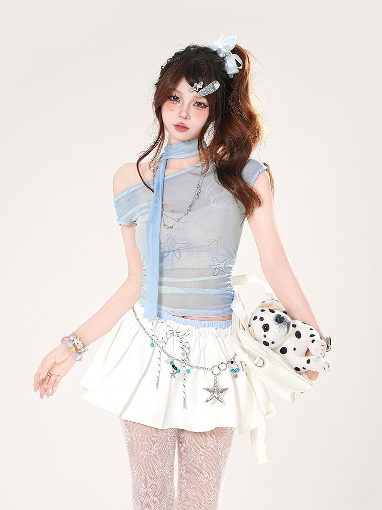 Seestern und T-Shirt-Muschel, halbtransparent, mit asymmetrischem Ausschnitt, blauer Aufdruck, gratis Schal