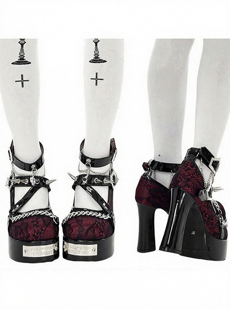 Wine Red Gothic Round Toe 11.5CM High Heels with Black Lace, Spikes & Coffin Buckles - Transfer Student