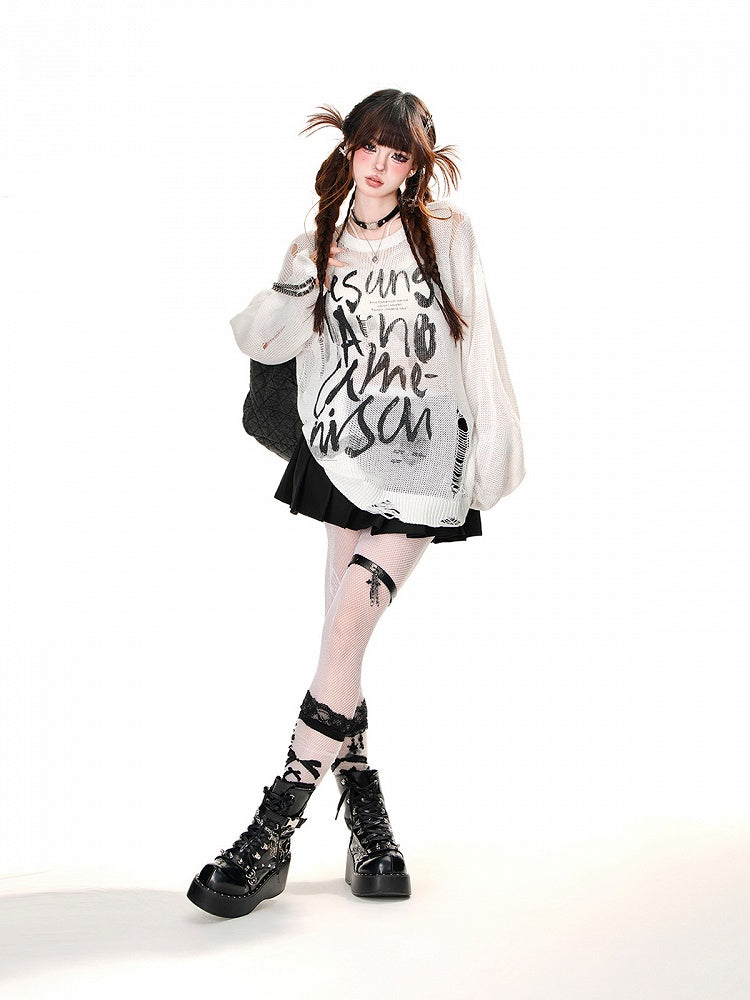 Top Distressed Weiß/Braun/Schwarz Buchstabendruck Löcher Sommer Sonnenschutz Aushöhlen