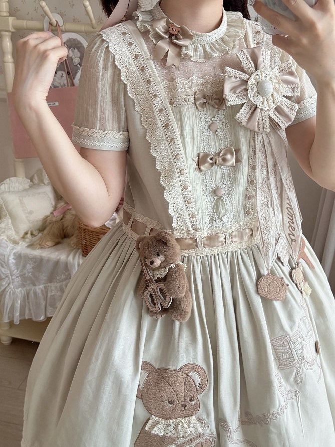 Lolita Dropped Embroidery Teddy Sweet with Green Bear Dress Waist