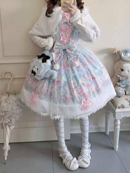 Print with and Accents Hem Bow Pink Fur Dress Sweet Trim Lolita Cat Blue