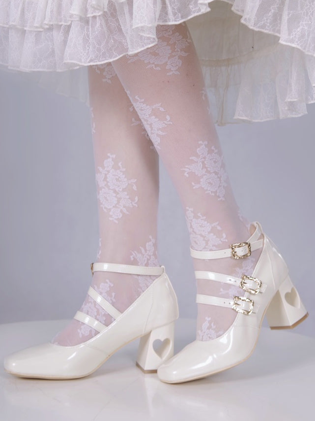 - with Heart Straps Mid Elegant Heels Cutout White PU Lolita Buckle Triple Heel Leather