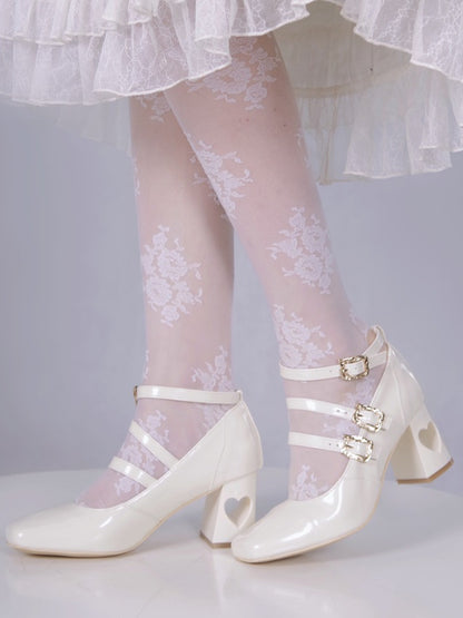 - with Heart Straps Mid Elegant Heels Cutout White PU Lolita Buckle Triple Heel Leather