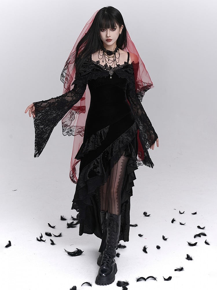 Schwarzes Gothic-Kleid mit schulterfreien Ärmeln und Blumenglocke als Halloween-Kleid