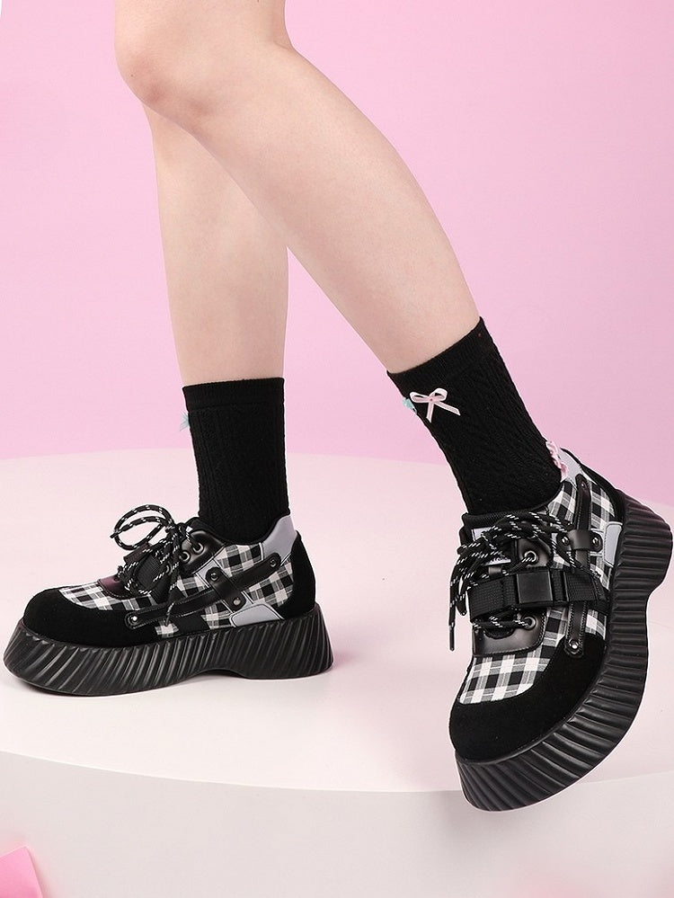Closure Lace-up with Pattern Punk Platforms Plaid Black