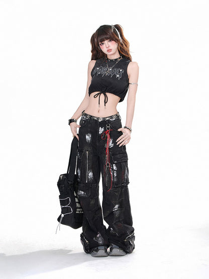 Schwarzes, glamouröses kurzes Tanktop mit Buchstaben