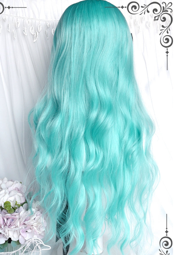 Wavy With Green Wigs 62cm Long Bangs Air