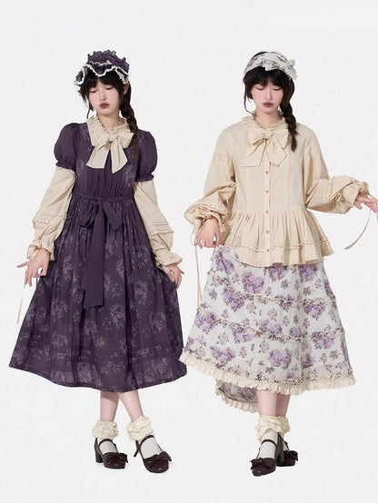 Drawstring Long-Sleeve Ruffled Loose Beige Blouse with Lolita Cuffs