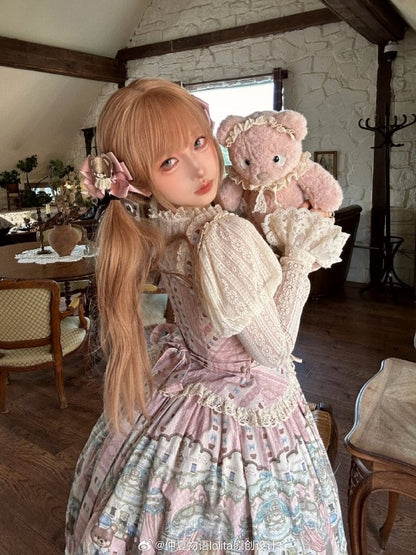 Sweet with Corset Neckline Lacing Printed Bear Square Lolita Dress Pink