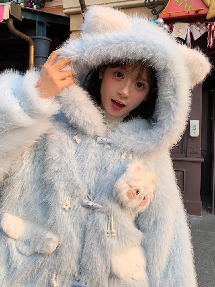 Blauer flauschiger Kunstpelzmantel mit Katzenohren und Kapuze, abnehmbares Katzenplüschtier