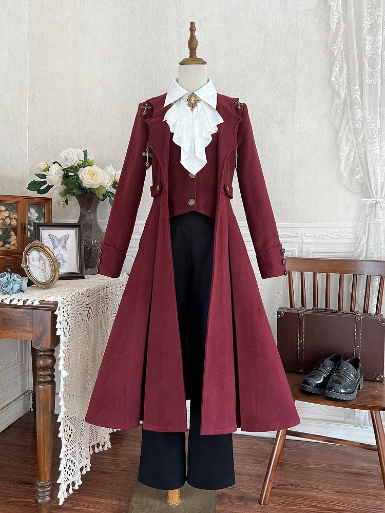 + Wings Shirt Red Collar Sleeves Black Waist High Pants Ouji Coat Cross Long Charms Bat Lolita White