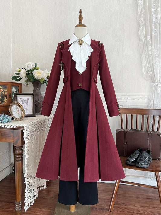 + Wings Shirt Red Collar Sleeves Black Waist High Pants Ouji Coat Cross Long Charms Bat Lolita White