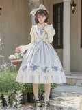 Long Blue & White Striped Floral Embroidered JSK Set with Knit Top, Belt & KC - With PUJI