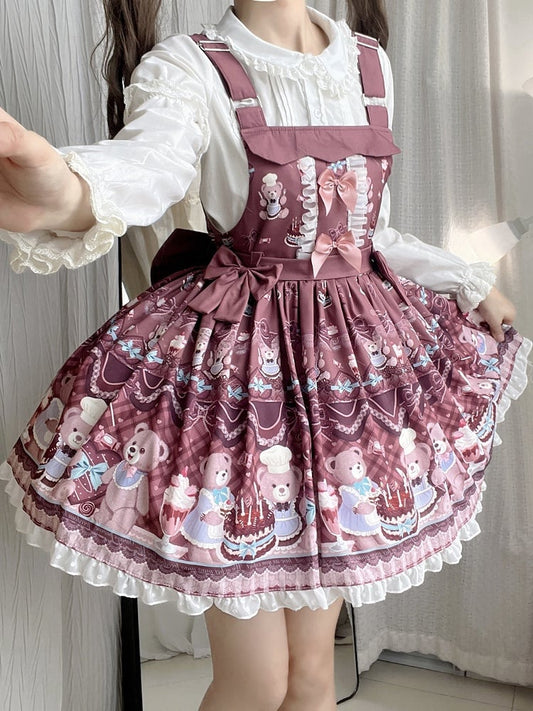 + Sweet Dress and Lolita Big Overall Print Cake Bear Reddish Brown Train Bow
