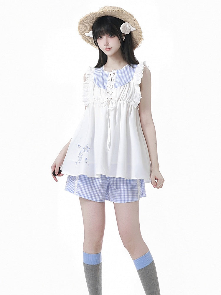 Shorts Blue Waist Elastic Plaid