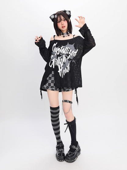 Y2K Schlitz Schwarz/Weiß Off-the-Shoulder Grafik Saum Ausschnitt Coverup