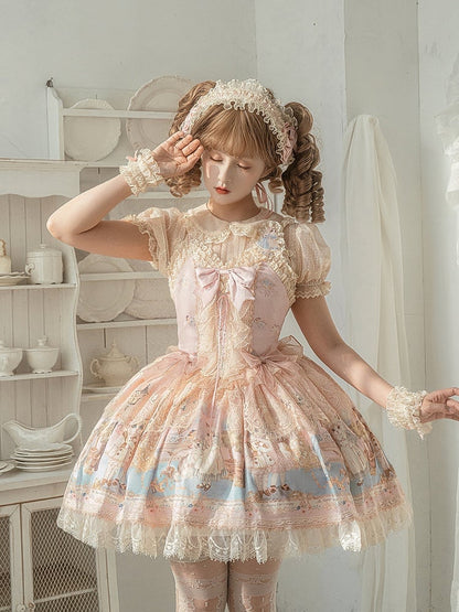 Rosa Kleid Sweet Party Tea JSK Print Mieder Lolita Korsett Full Kitty Set