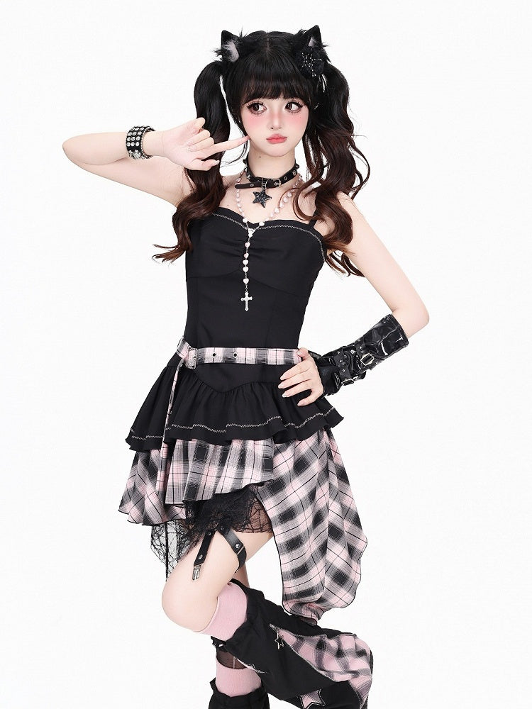 Black & Pink Plaid Asymmetric Hem Cami Dress - CRAZY GIRL